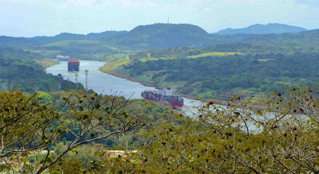 Container ships in the Panama Canal viewed from the National Nature Reserve Tower